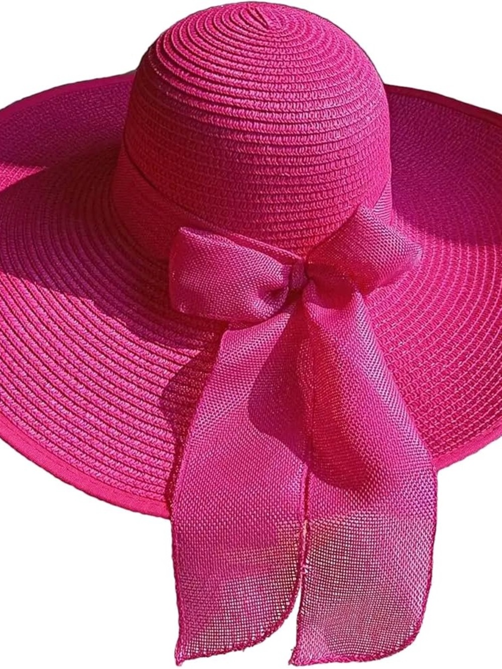 Wide Brim Sun Hat with Bow - Hot Pink